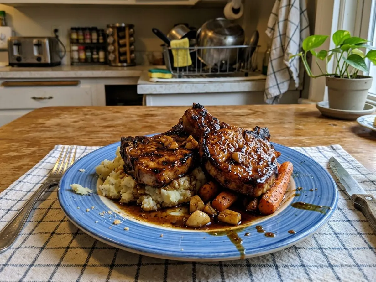 Honey garlic glazed pork chops with caramelized pan sauce