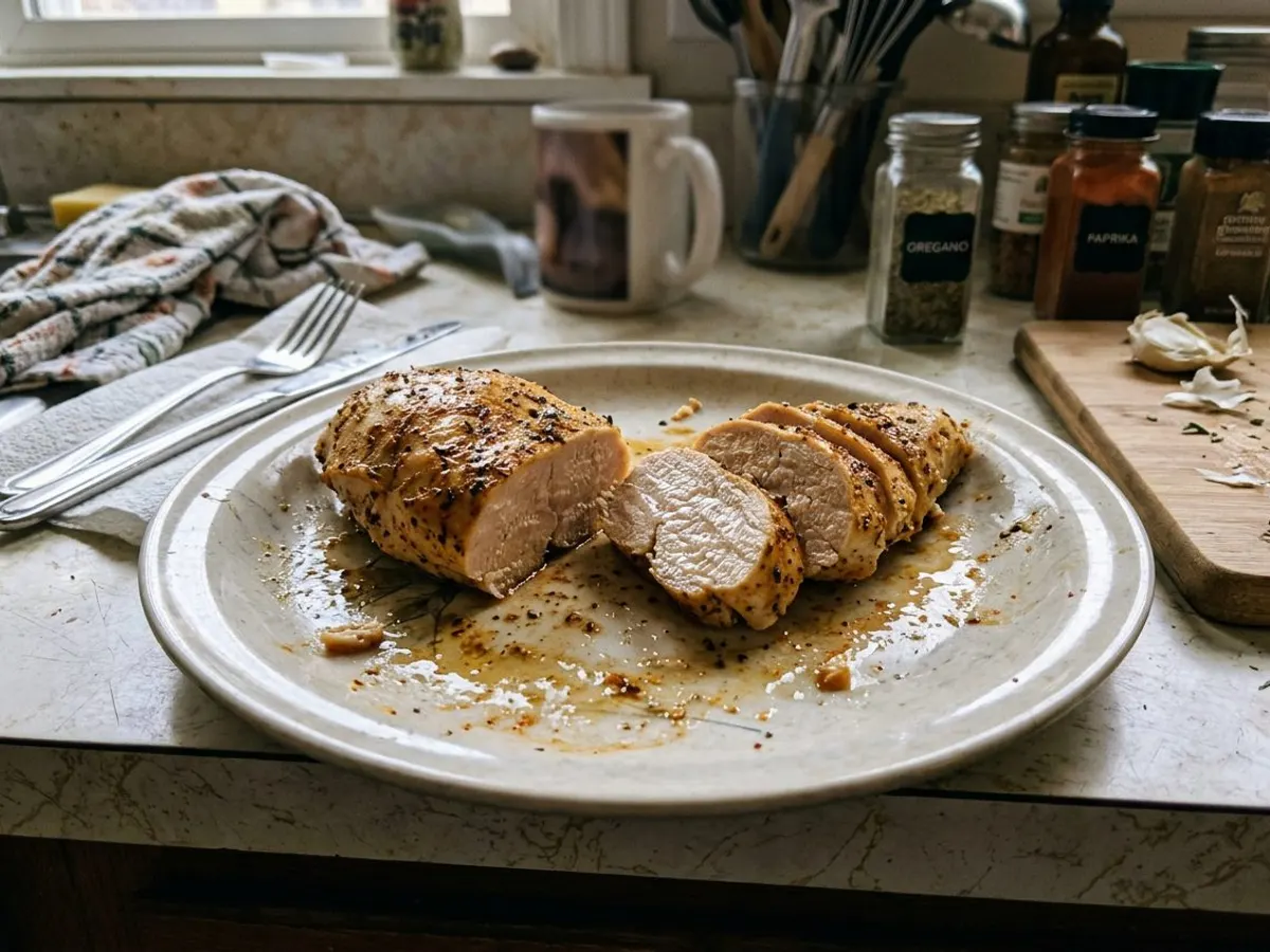 Juicy baked chicken breast with golden seasoning, sliced to show moist interior