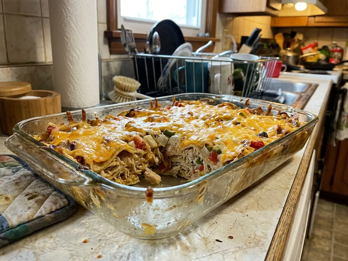 King Ranch chicken casserole with layered tortillas, chicken, and melted cheese