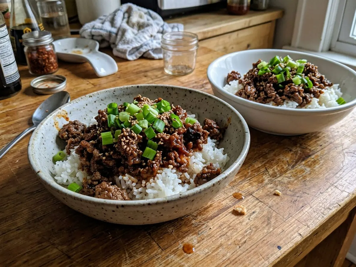 Korean ground beef bowl over rice with green onions and sesame seeds