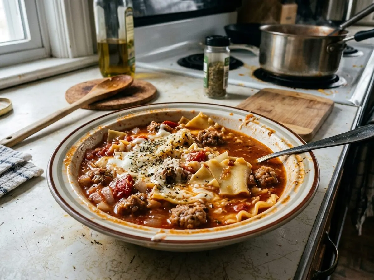 Lasagna soup with broken noodles and Italian sausage in tomato broth