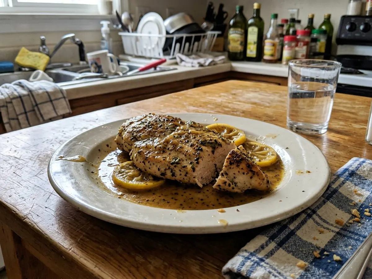 Lemon pepper chicken breast with pan sauce and lemon slices