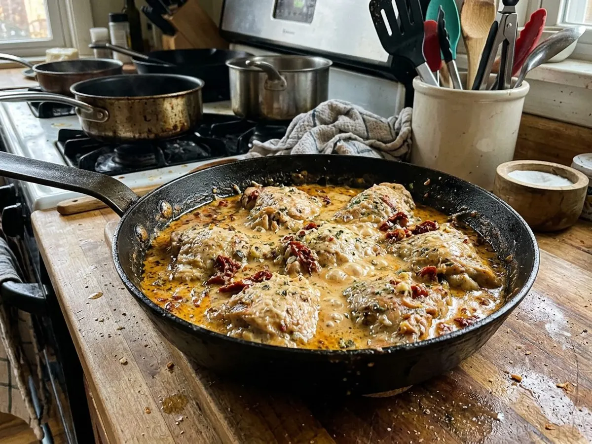 Marry Me chicken in creamy sun-dried tomato sauce in a skillet