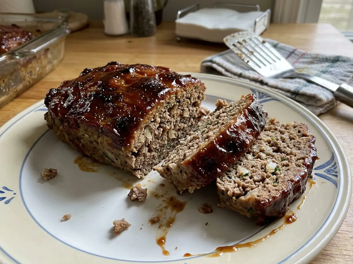 Classic meatloaf with sticky brown sugar ketchup glaze, sliced