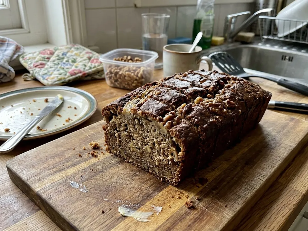 Sliced moist banana bread loaf