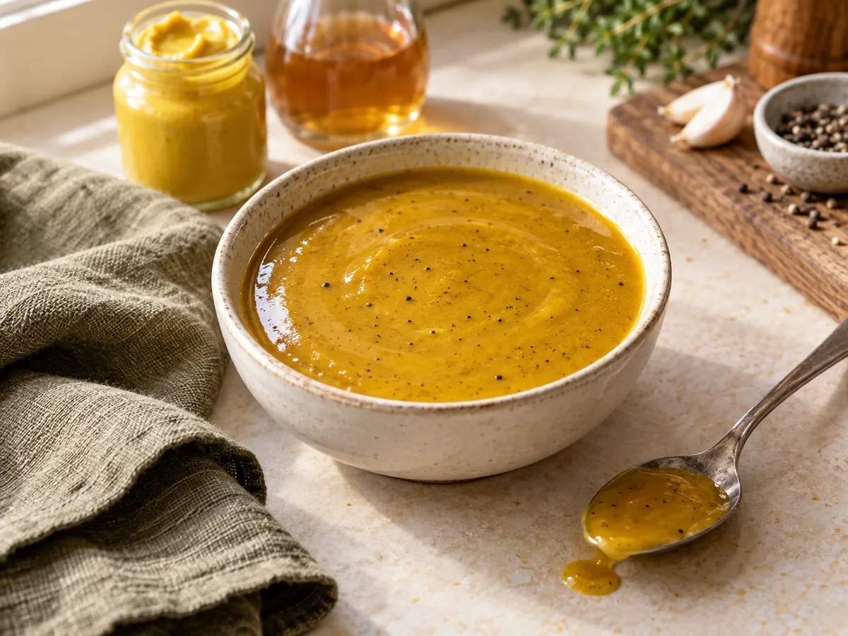 Golden mustard BBQ sauce in a cream bowl with a spoon
