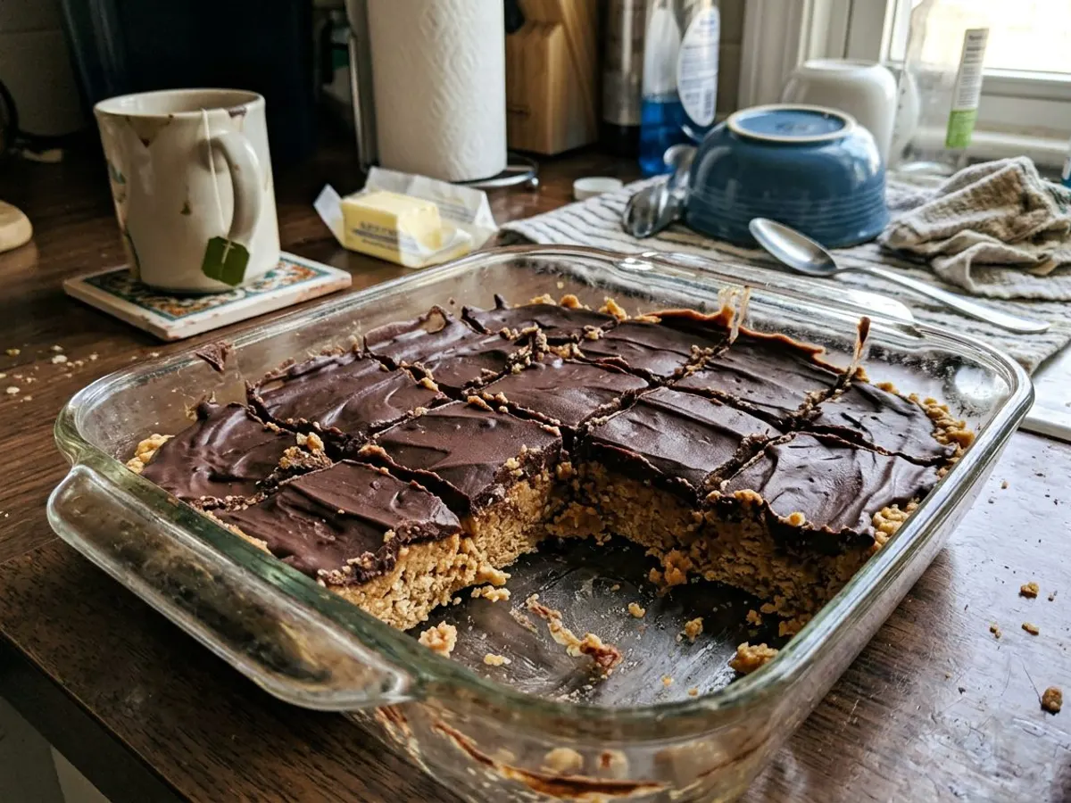No bake peanut butter bars with chocolate topping, cut in squares