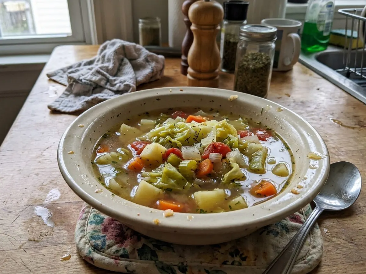 Old fashioned cabbage soup with vegetables in a clear broth