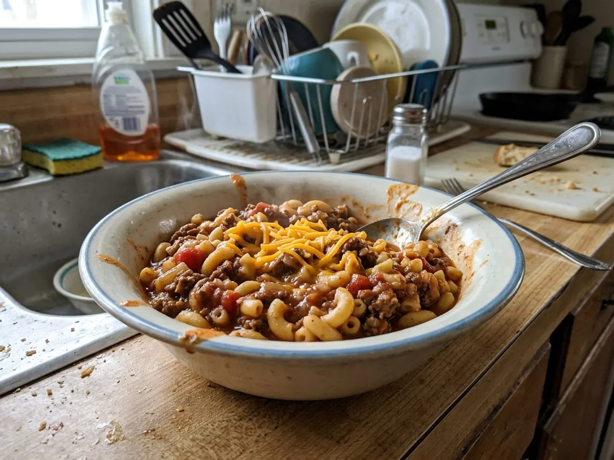 Old fashioned American goulash with macaroni and beef in tomato sauce