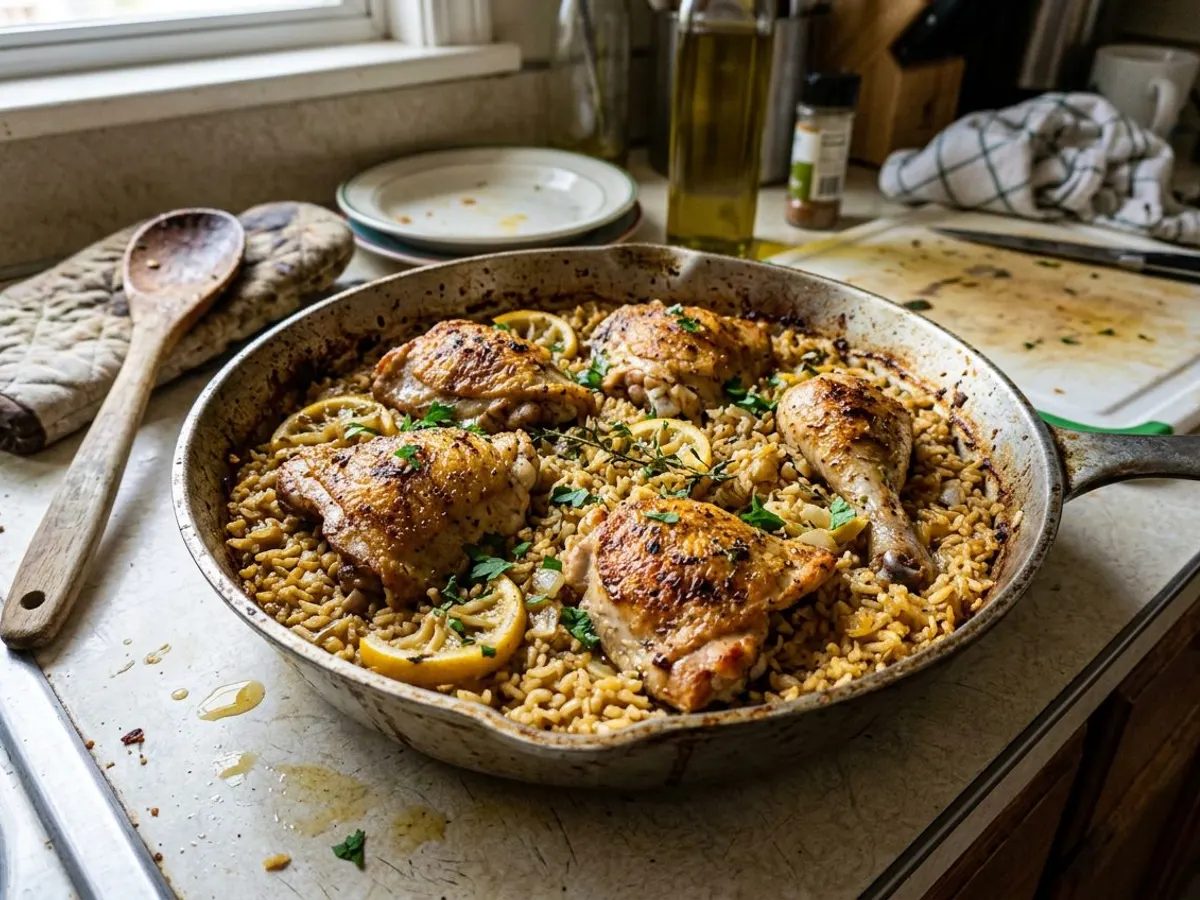 One pan lemon chicken and rice with browned chicken over golden rice