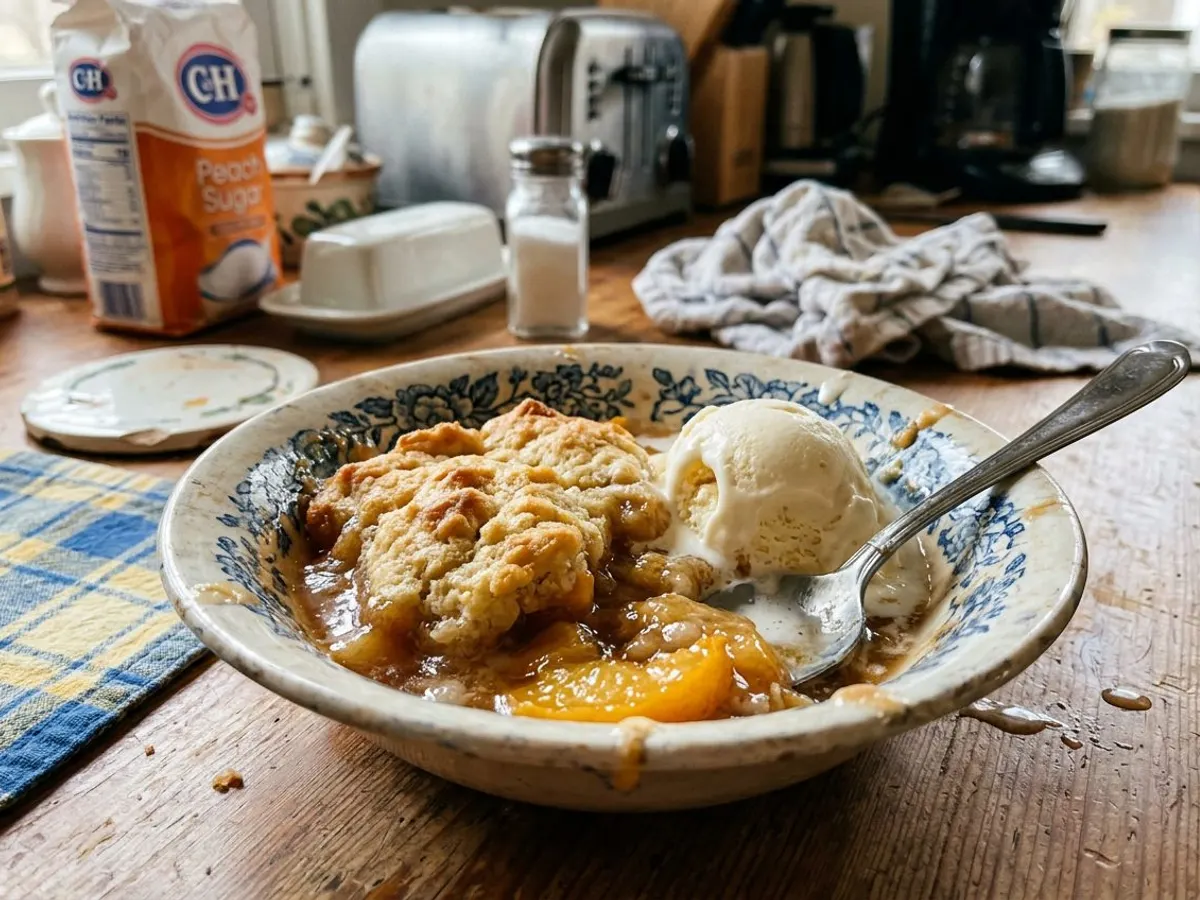 Peach cobbler with golden biscuit topping and vanilla ice cream