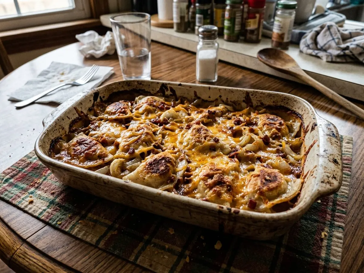 Pierogi casserole with browned pierogies, onions, and cheese