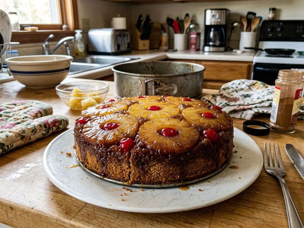 Pineapple upside down cake with caramelized fruit top
