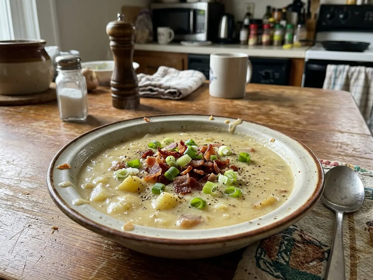 Creamy potato soup topped with bacon and green onions