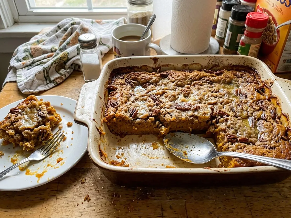 Pumpkin dump cake with golden buttery topping and a slice removed