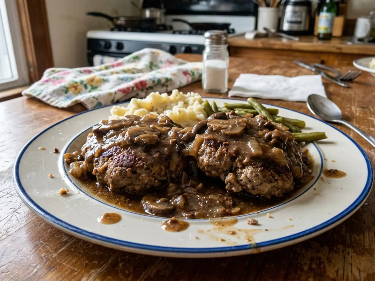Salisbury steak patties smothered in mushroom onion gravy