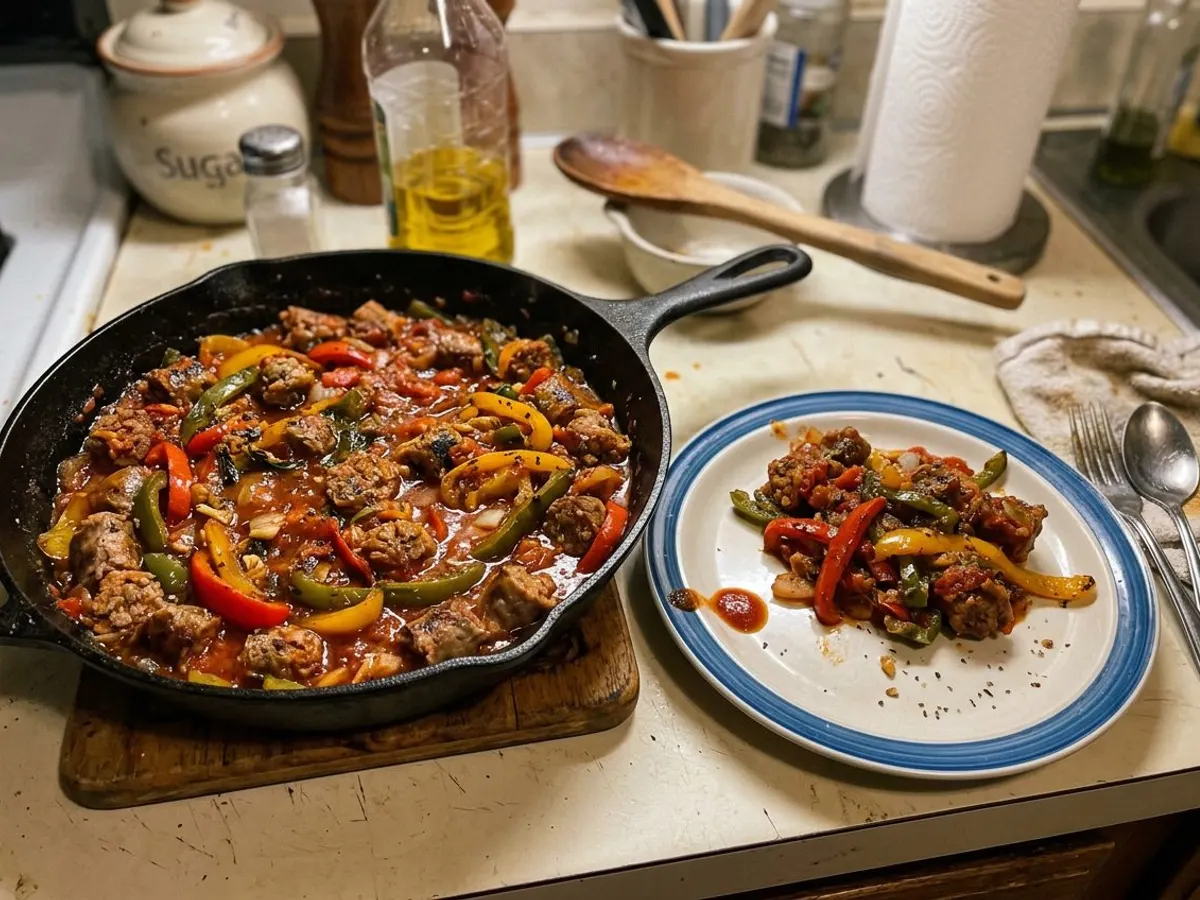 Italian sausage and peppers skillet in a rich tomato sauce