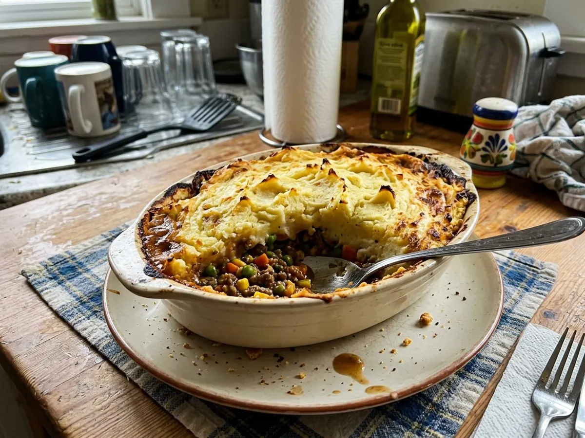 Shepherds pie with ground beef under golden mashed potato topping