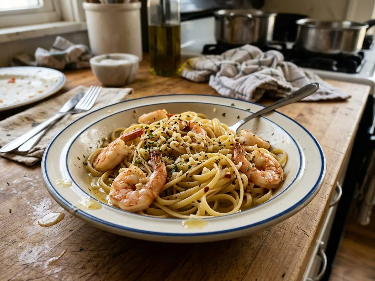 Shrimp scampi tossed with linguine in garlic butter sauce