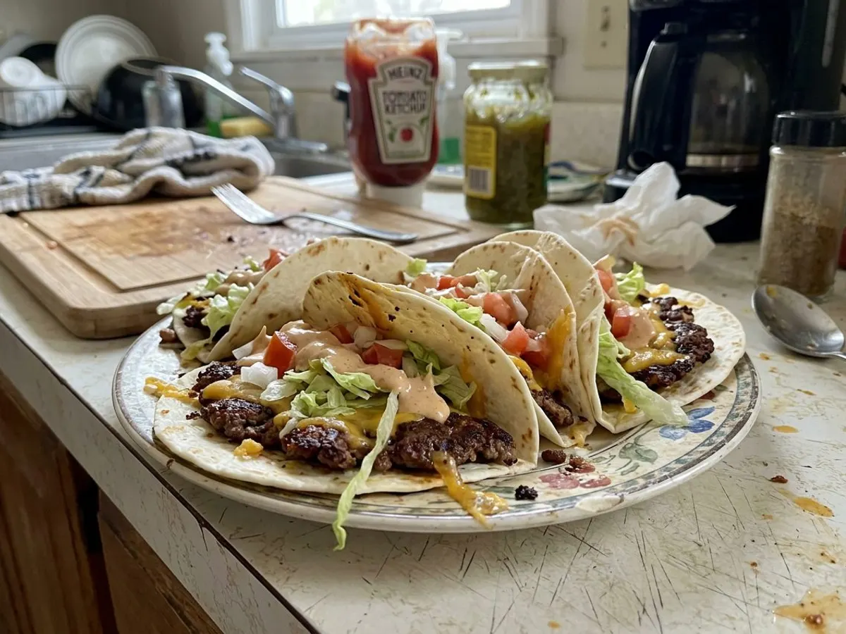 Smash burger tacos with crispy beef pressed into tortillas