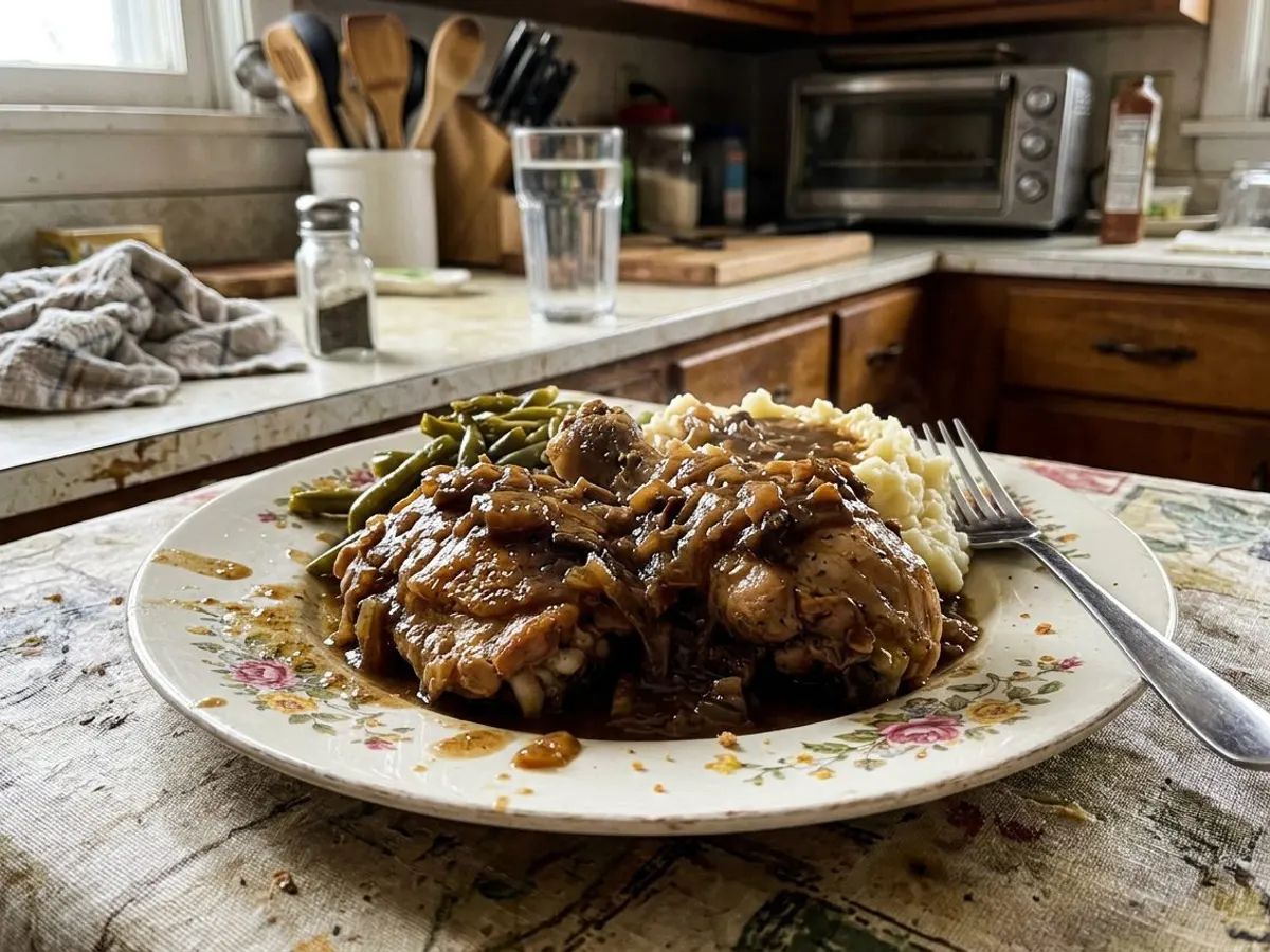 Smothered chicken covered in rich onion gravy