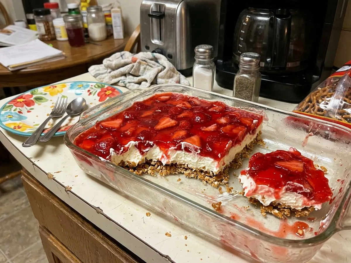 Strawberry pretzel salad layers of pretzel crust, cream, and strawberry topping