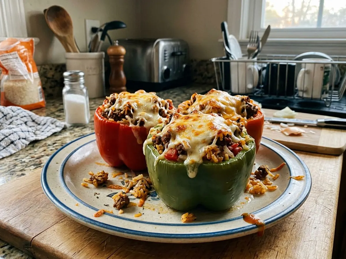 Stuffed bell peppers filled with beef and rice, topped with melted cheese