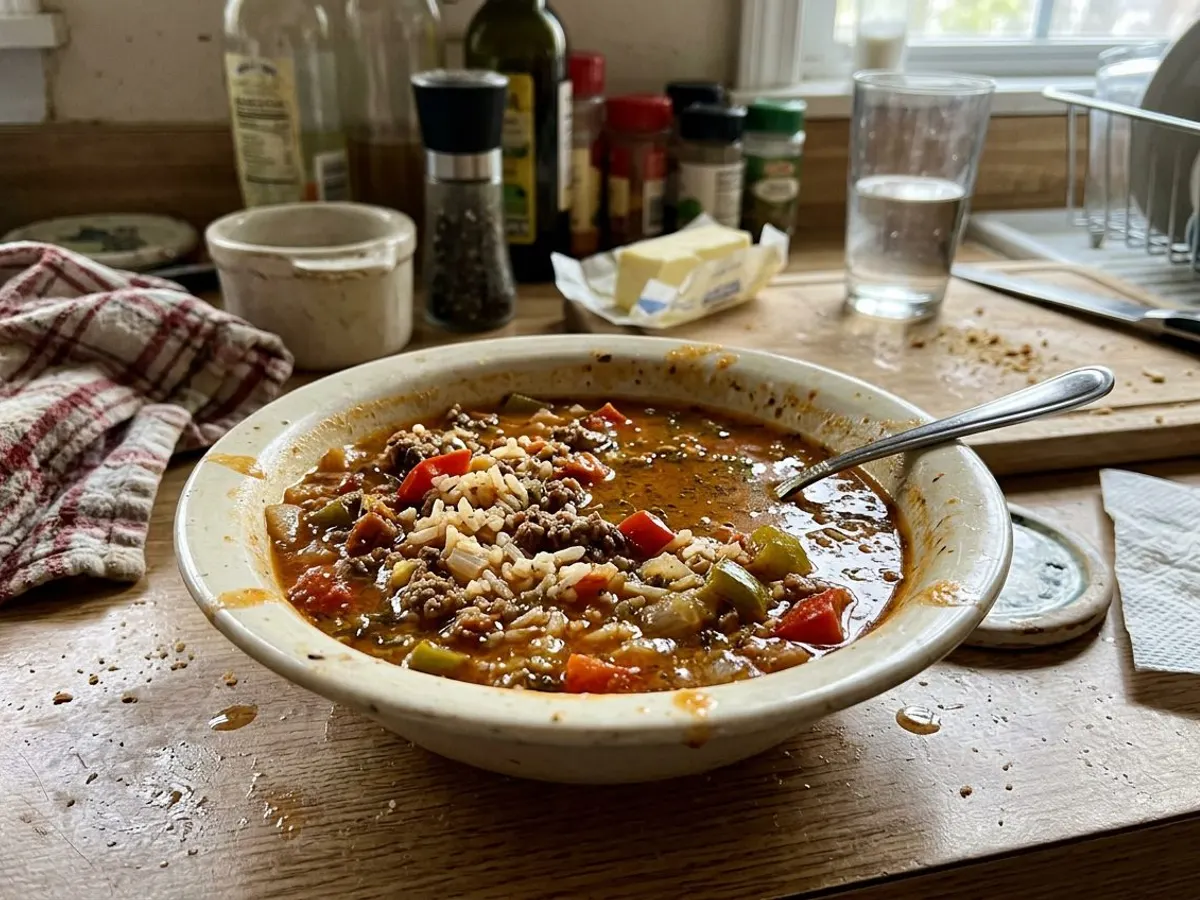 Stuffed pepper soup with ground beef, rice, and bell peppers in tomato broth