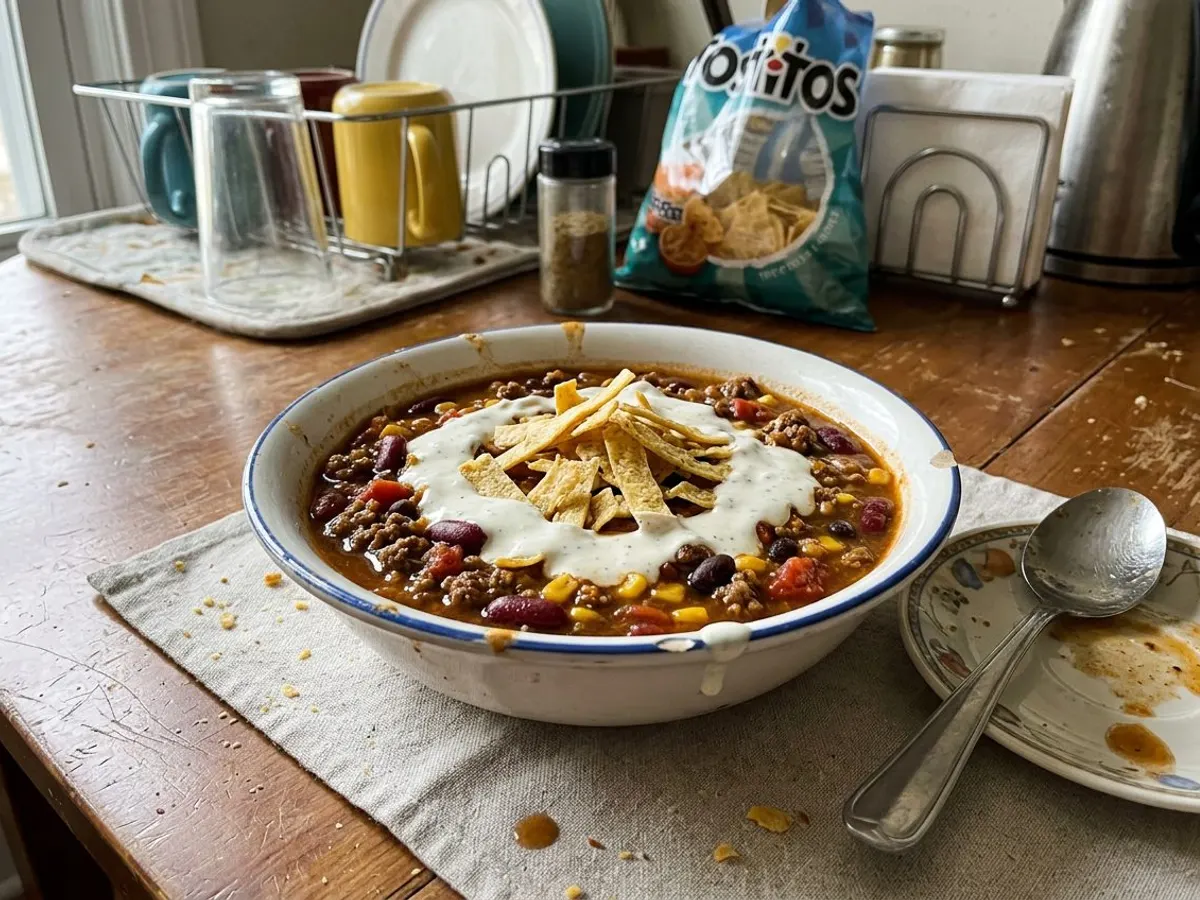 Taco soup with ground beef, beans, and corn topped with tortilla chips