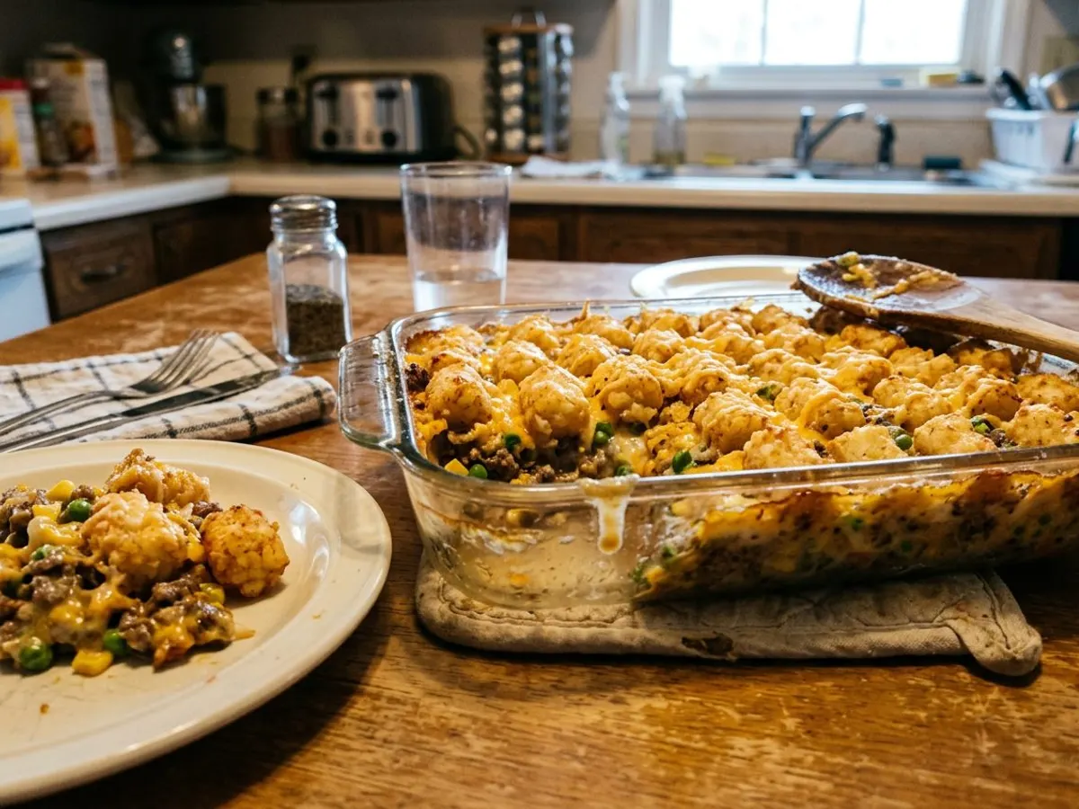 Tater tot casserole with ground beef and golden potato topping