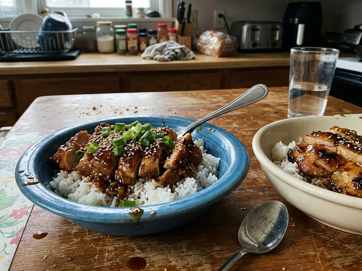 Teriyaki chicken bowl with glazed chicken over steamed rice