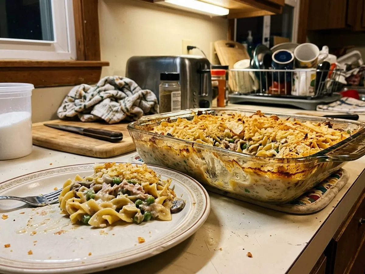 Creamy tuna noodle casserole with a golden crumb topping