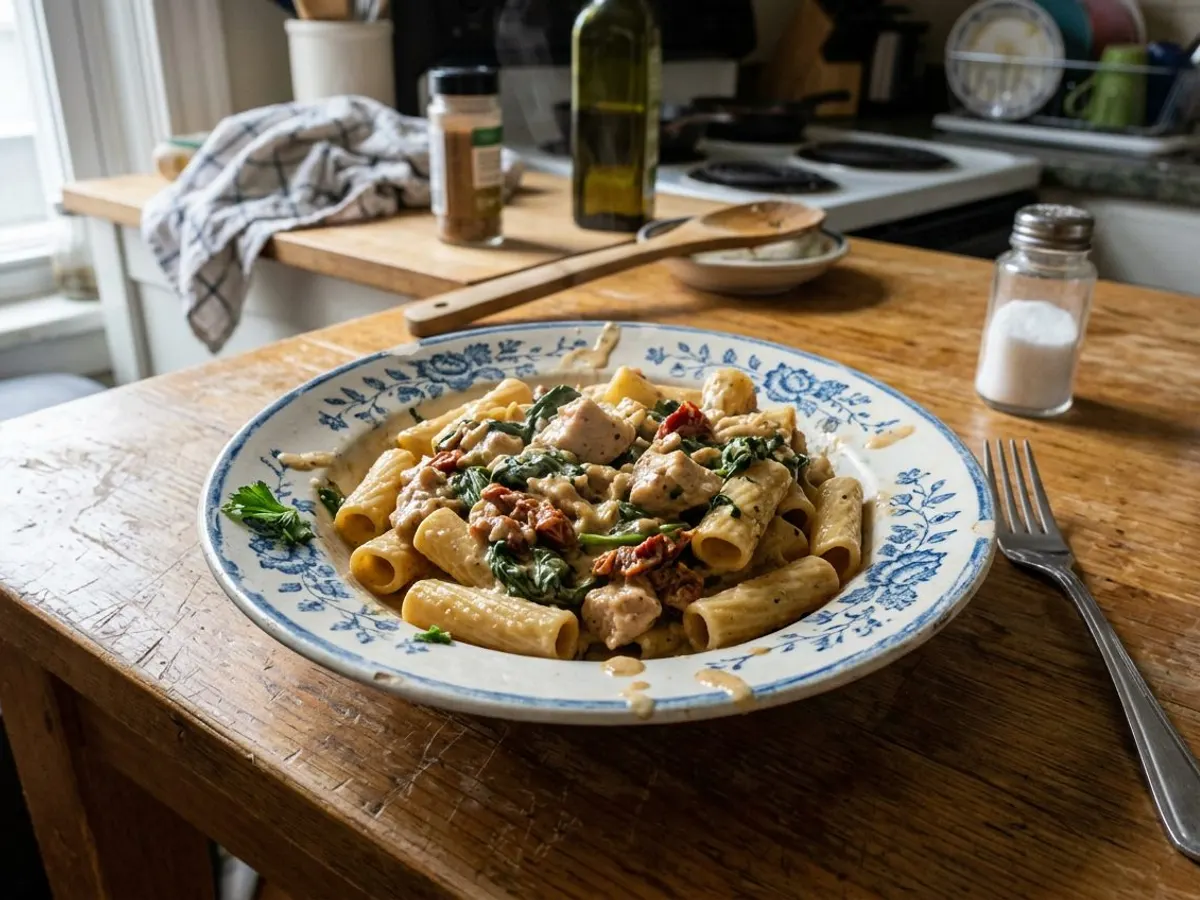 Creamy Tuscan chicken pasta with spinach and sun-dried tomatoes